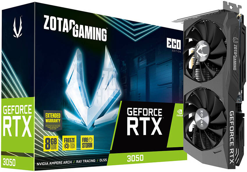 ZOTAC GAMING GEFORCE RTX 3050 ECO Edition Graphics Card, 8GB GDDR6 128-bit Memory, 14 Gbps Memory Clock, 1777 MHz Boost Clock, 2560 CUDA, PCI E 4.0 8x, 3x DP 1.4a / 1x HDMI ZOTAC GAMING GEFORCE RTX 3050 ECO Edition Graphics Card, 8GB GDDR6 128-bit Memory, 14 Gbps Memory Clock, 1777 MHz Boost Clock, 2560 CUDA, PCI E 4.0 8x, 3x DP 1.4a / 1x HDMI
